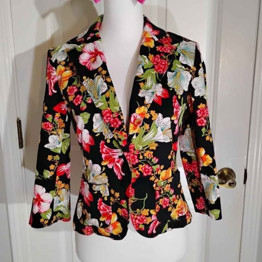 Rafaella Women’s Floral Blazer Size 6 Black Multicolor Cotton Stretch Jacket